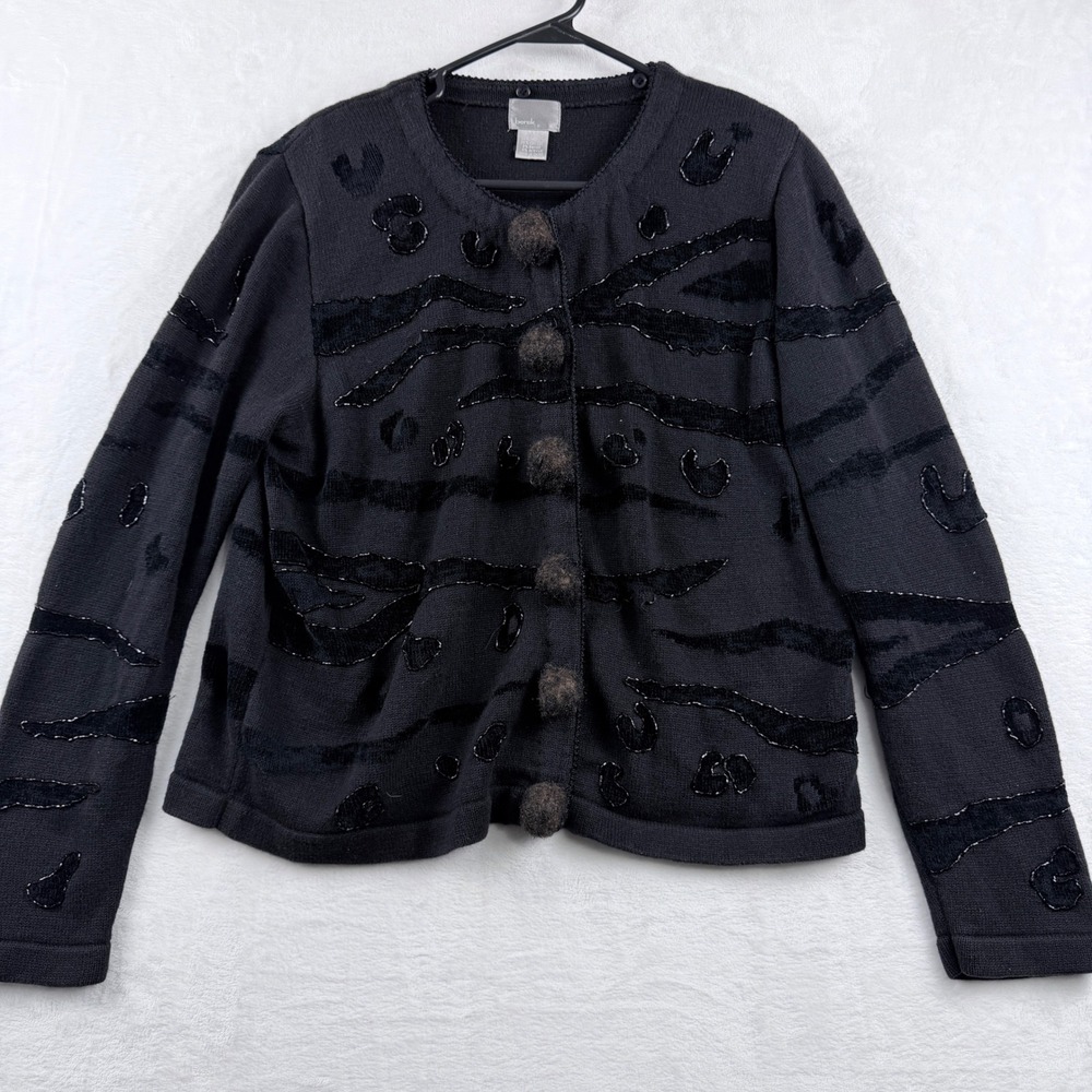 Berek Cardigan Sweater Animal Print Beaded Pom-Pom Buttons‎ Size L